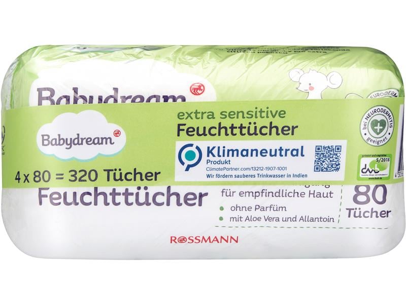 Babydream Feuchttücher Extra Sensitive, Vorteilspackung 4 x Feuchtücher, Mehrfachpackung, 4 x 80 Stück