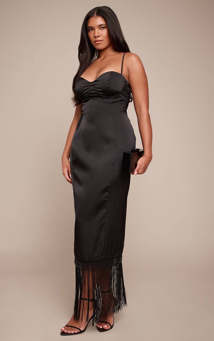 Noir Robe Maxi Ajustée À Ourlet À Franges Perlées