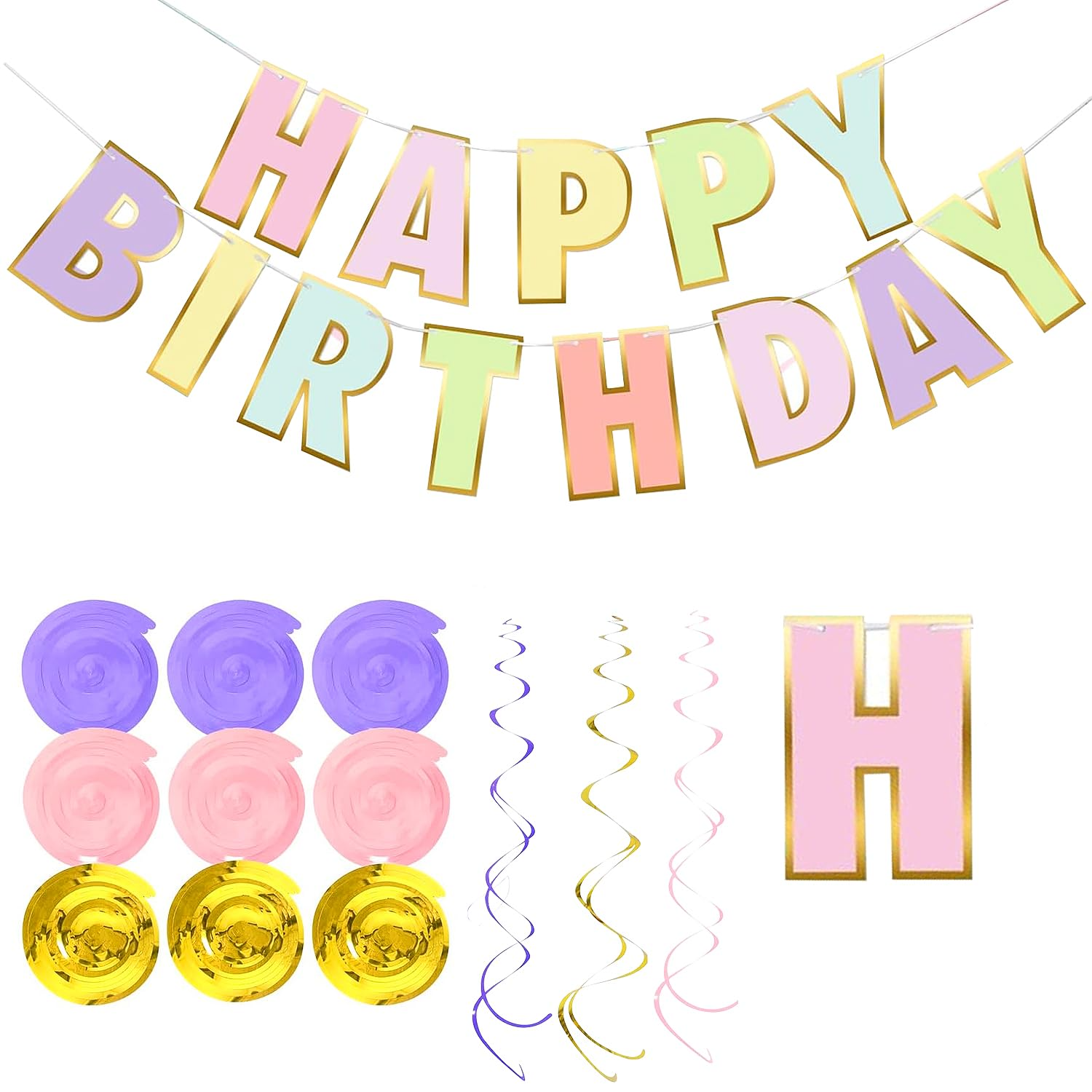 (42-tlg. Set) Happy Birthday Girlande Geburtstags Party Deko Latex Luftballons / Pompon's / Spiral Girlande - Pastell