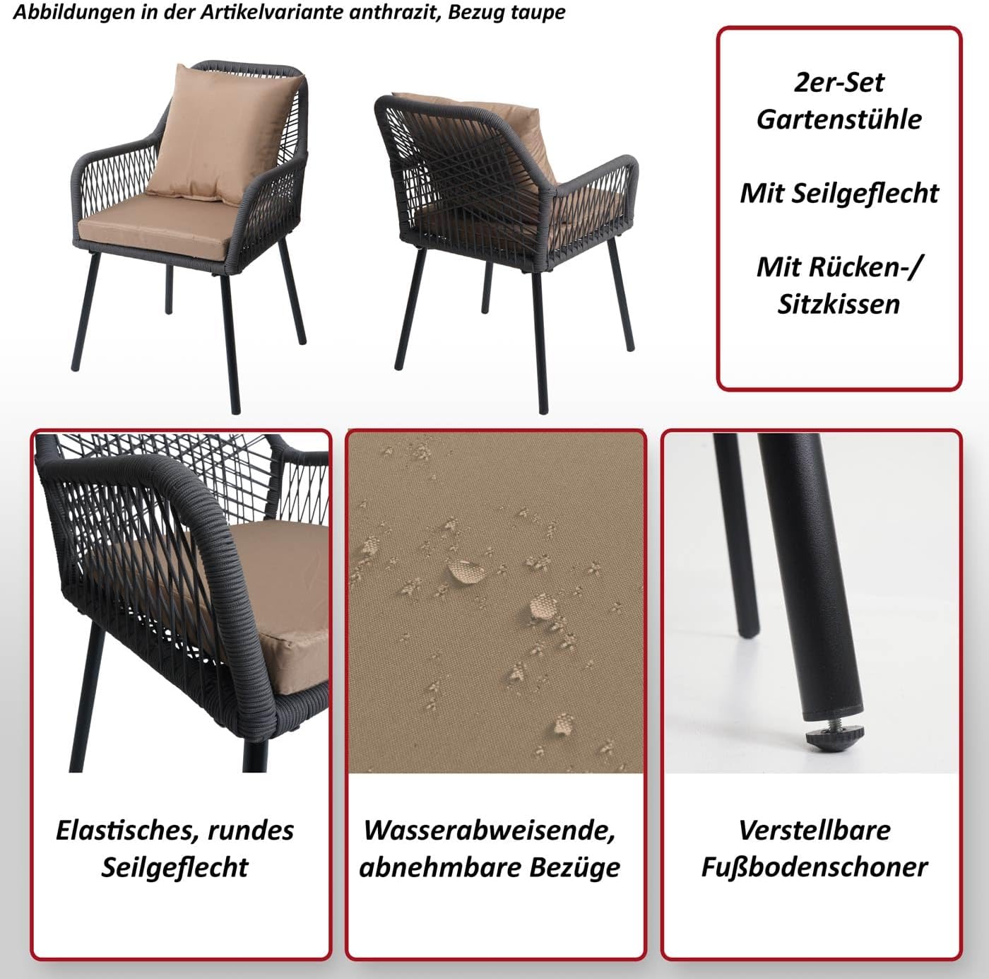 Mendler 2er-Set Gartenstuhl HWC-O12, Outdoor Sitz-/Rückenpolster Aluminium Seilgeflecht Rope - grau, Bezug dunkelgrau