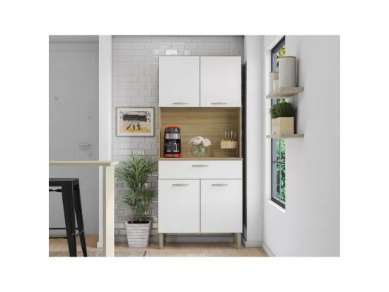 Buffet de Cuisine 4 Portes 1 Tiroir Chêne et Blanc L 74.5 H 170.5 P 36.3 cm