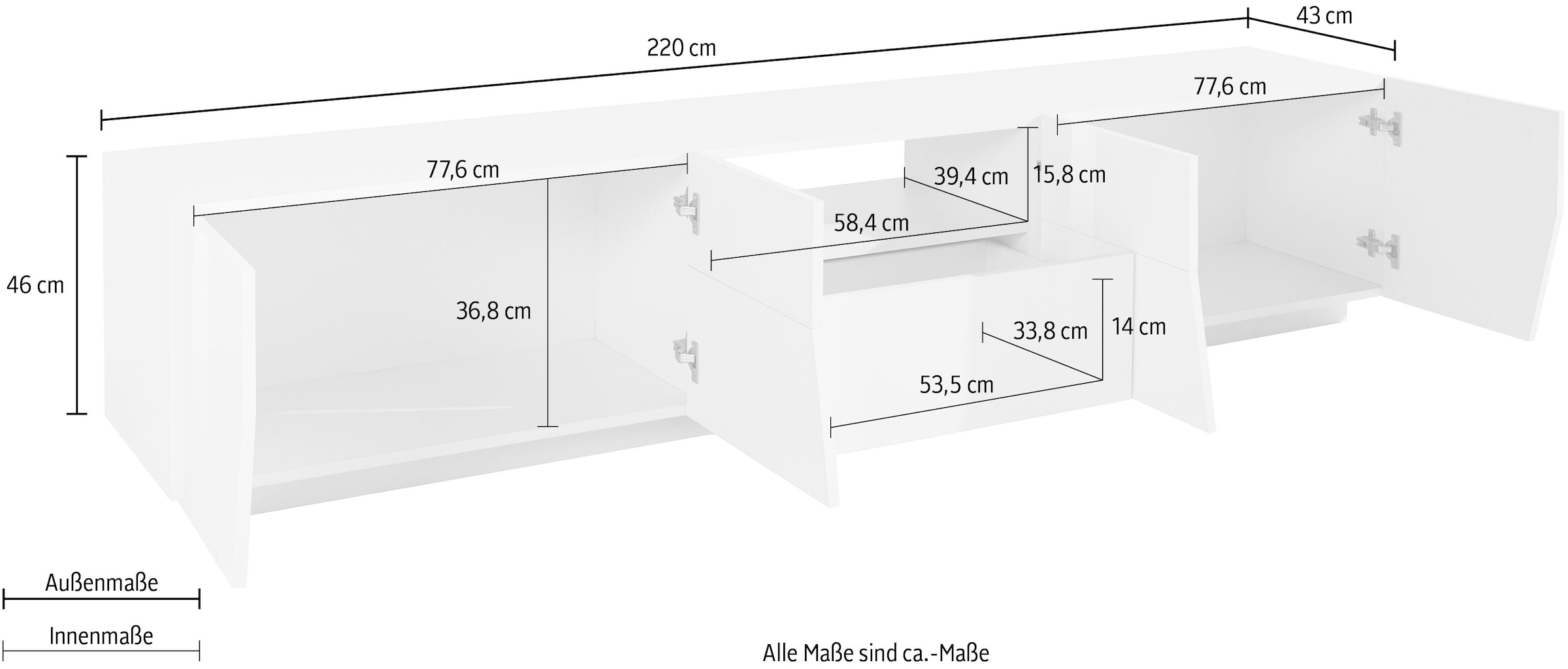 INOSIGN Lowboard »ALIEN- TV-Board, mit 4 Türen, 1 Schublade und 1 offenes Fach« TV-Kommode Breite ca. 220 cm 