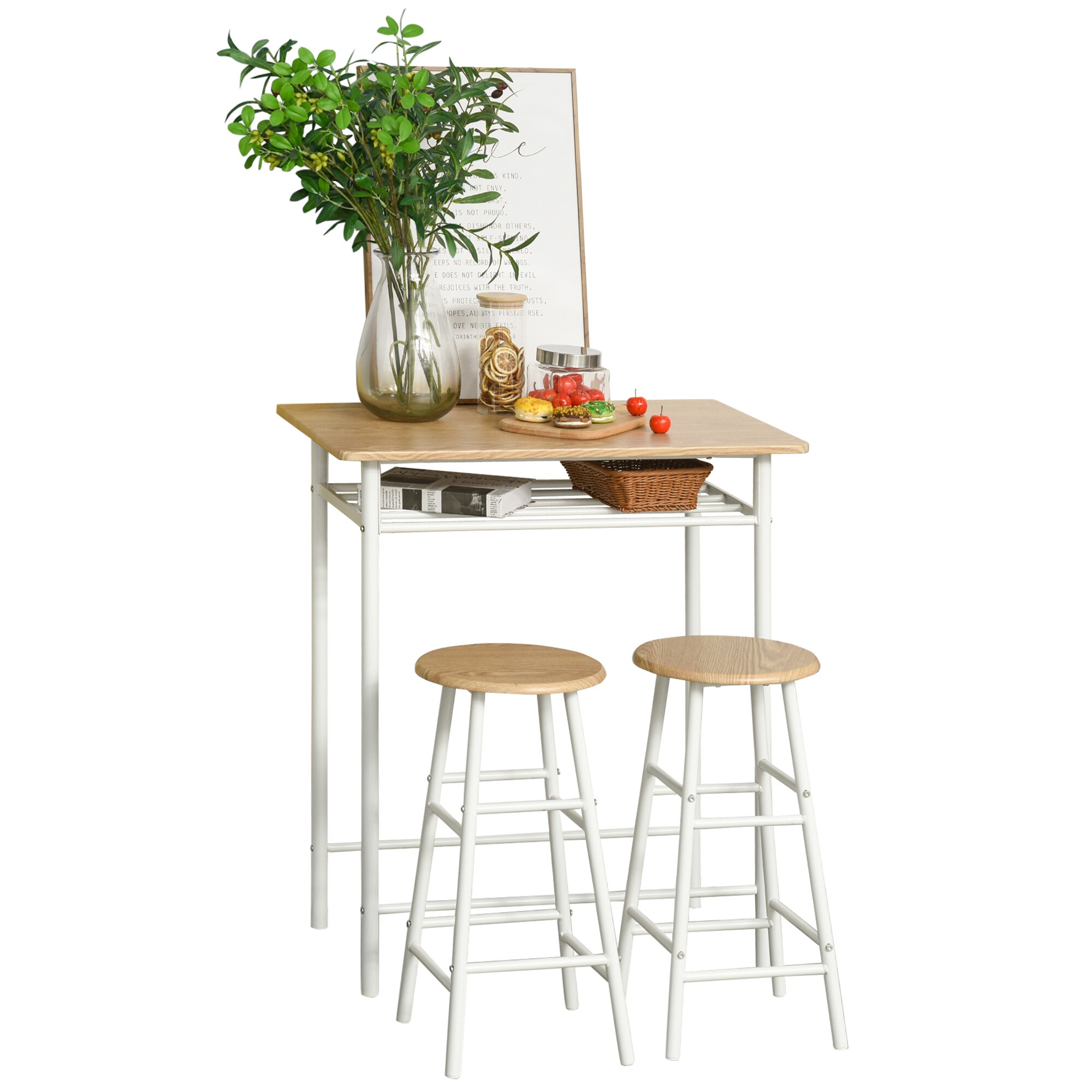 HOMCOM Bartisch-Set 3-teiliges Bar-Set bestehend aus einem Tisch und 2 passenden Hockern Weiß, Eiche 80 x 50 x 90 cm (BxTxH)