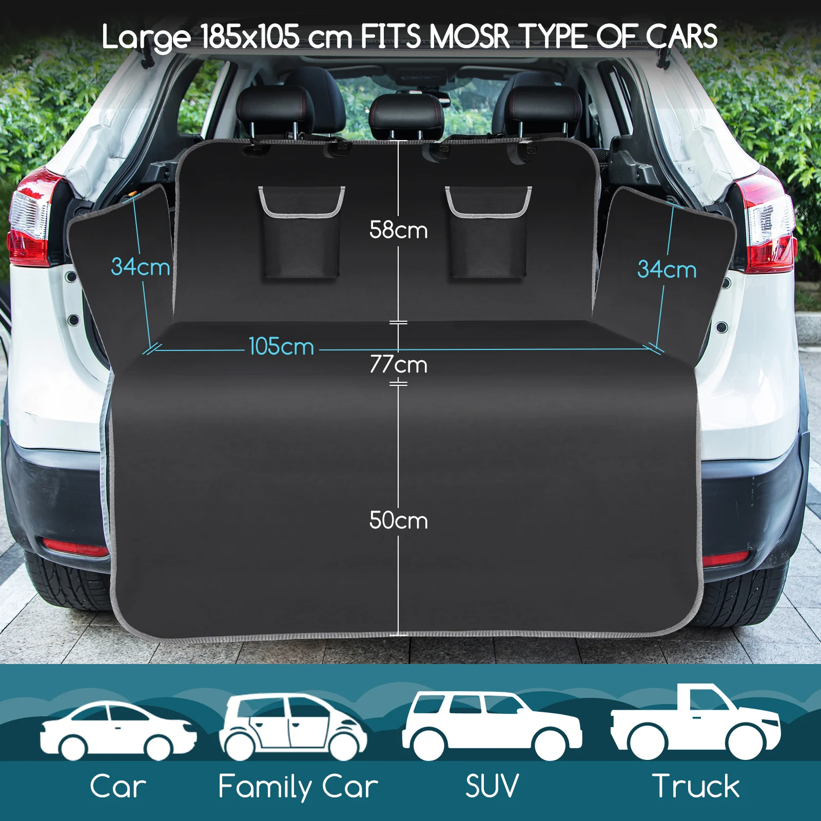 Capa protetora Nobleza para banco de carro para cães, 185 x 105 cm, capa universal para porta-malas de carro para cães, capa para banco de carro para cães com 2 bolsos de armazenamento e abas de proteção, impermeável e resistente a manchas.