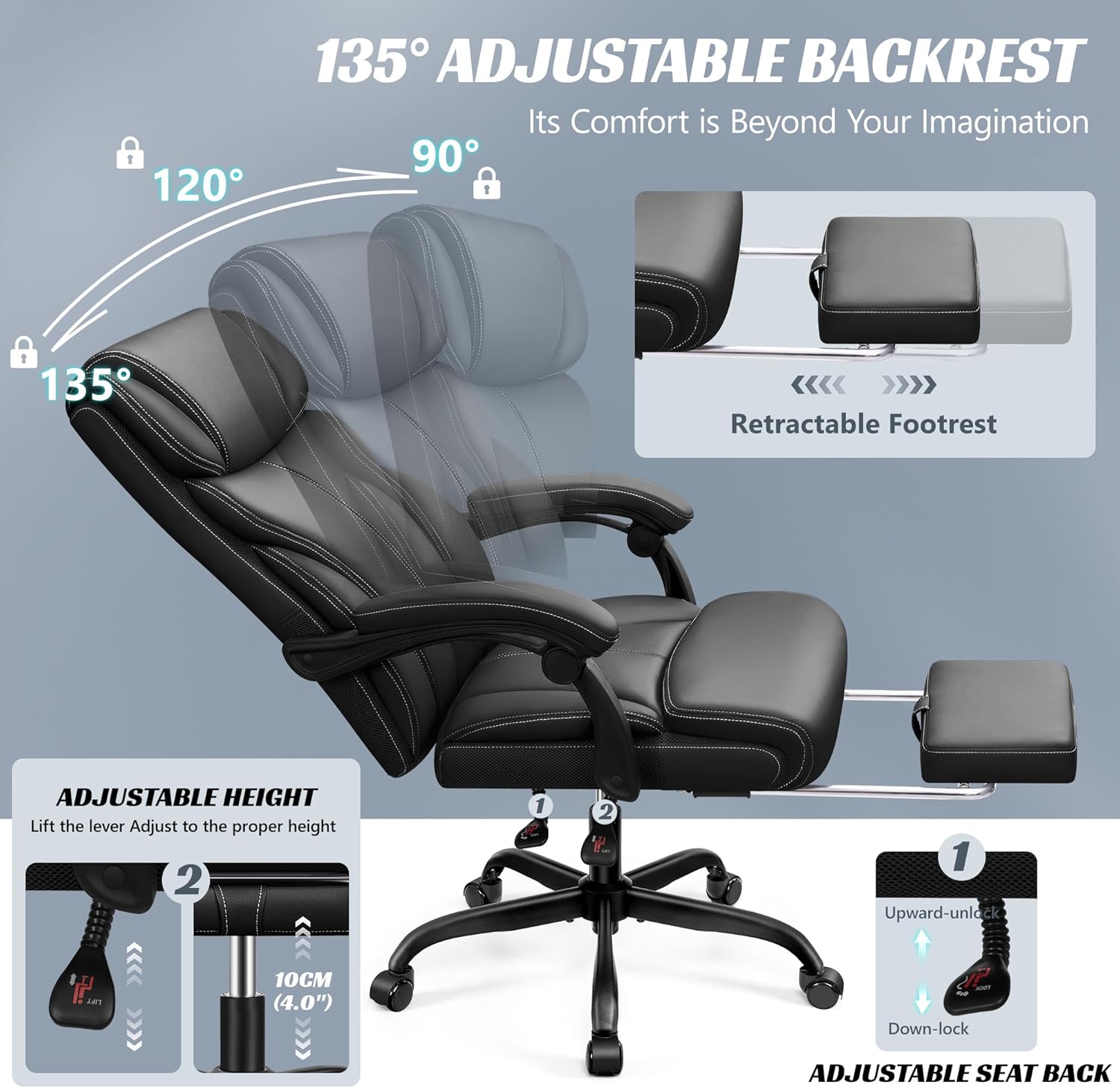 FelixKing Bürostuhl, Leder Chefsessel Ergonomischer, komfortabler drehbarer Bürostuhl mit Verstellbarer hoher Rückenlehne, geeignet für Heimspiele(Matte Black)