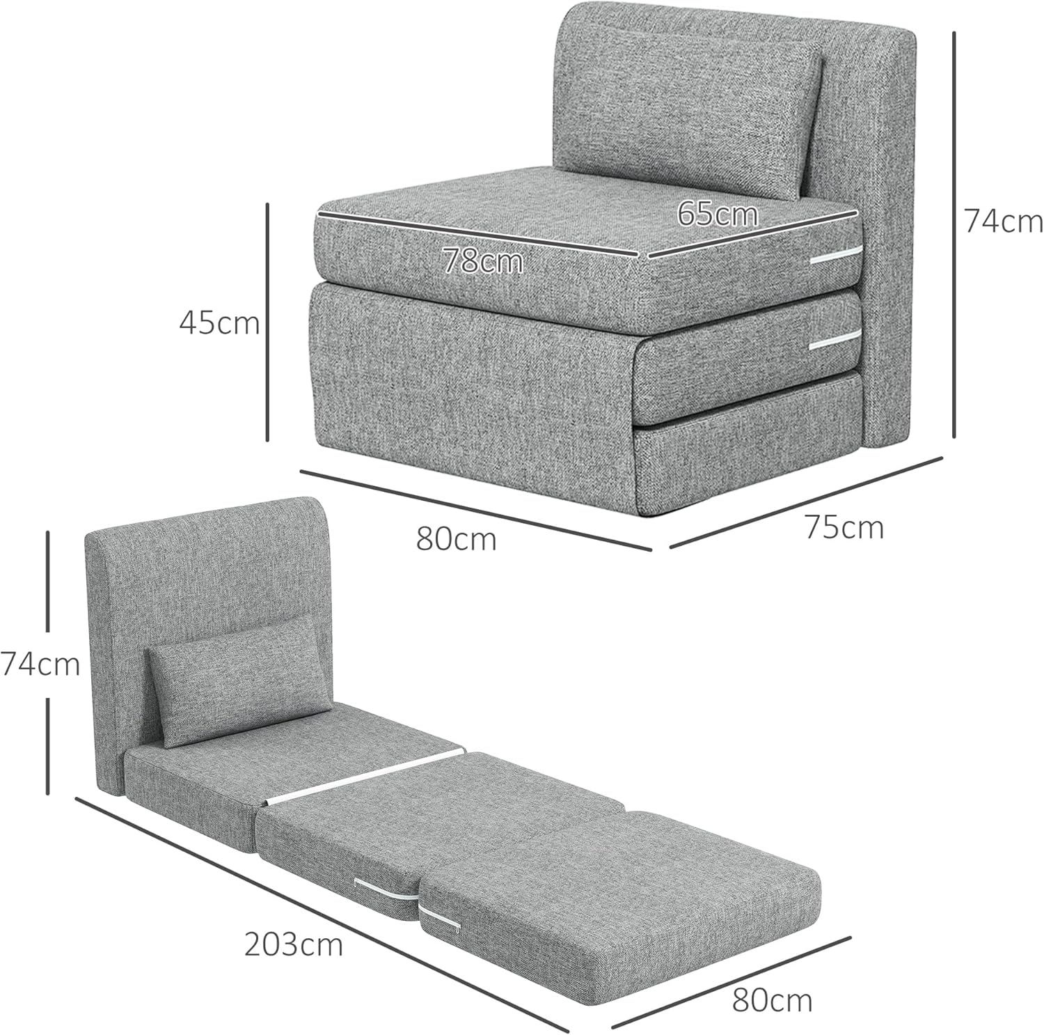 HOMCOM 2 in 1 Schlafsessel klappbar Schlafsofa mit Bettfunktion Leinenoptik, Gepolstert Gästebett Klappsessel Klappmatratze Bodensessel für Wohnzimmer Schlafzimmer 80x75x74cm Grau