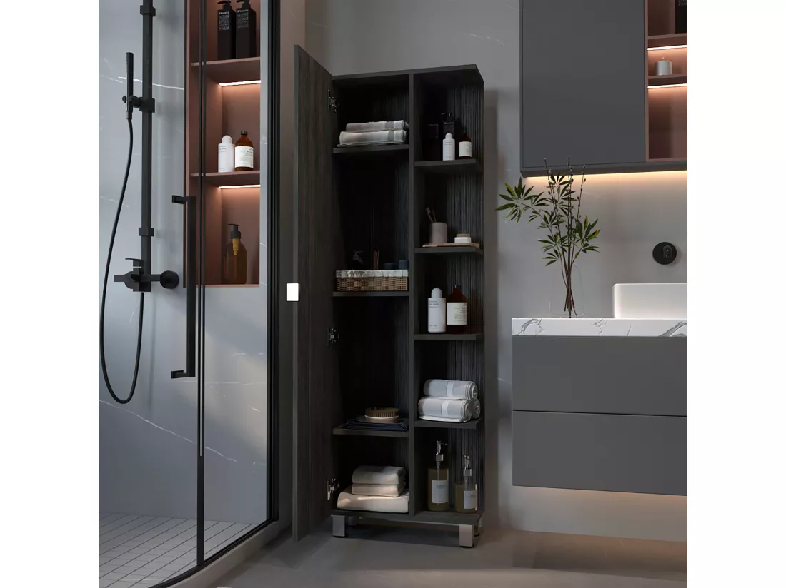 Tour de salle de bain verticale Urano en mélamine avec 9 étagères , 157.9 cm X 51.18 cm X 21.4 cm , Gris / argenté