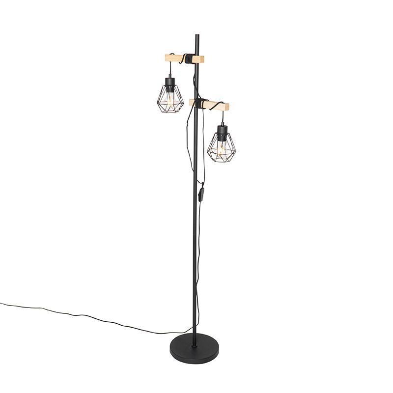 Landelijke vloerlamp zwart met hout 2-lichts - Chon