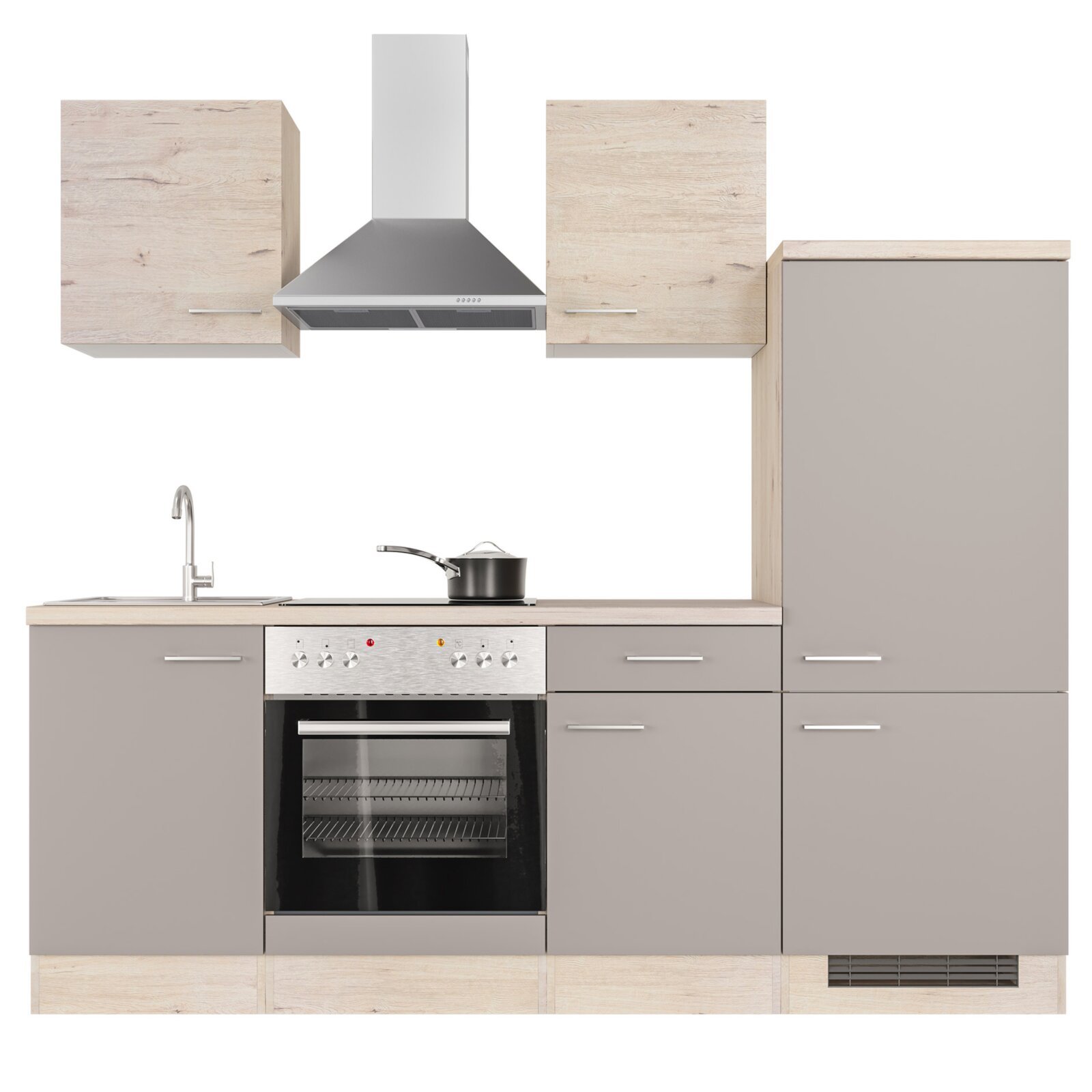 Küchenblock RIVA - Quarz Cubanit - San Remo Eiche hell - mit E-Geräten - 220 cm