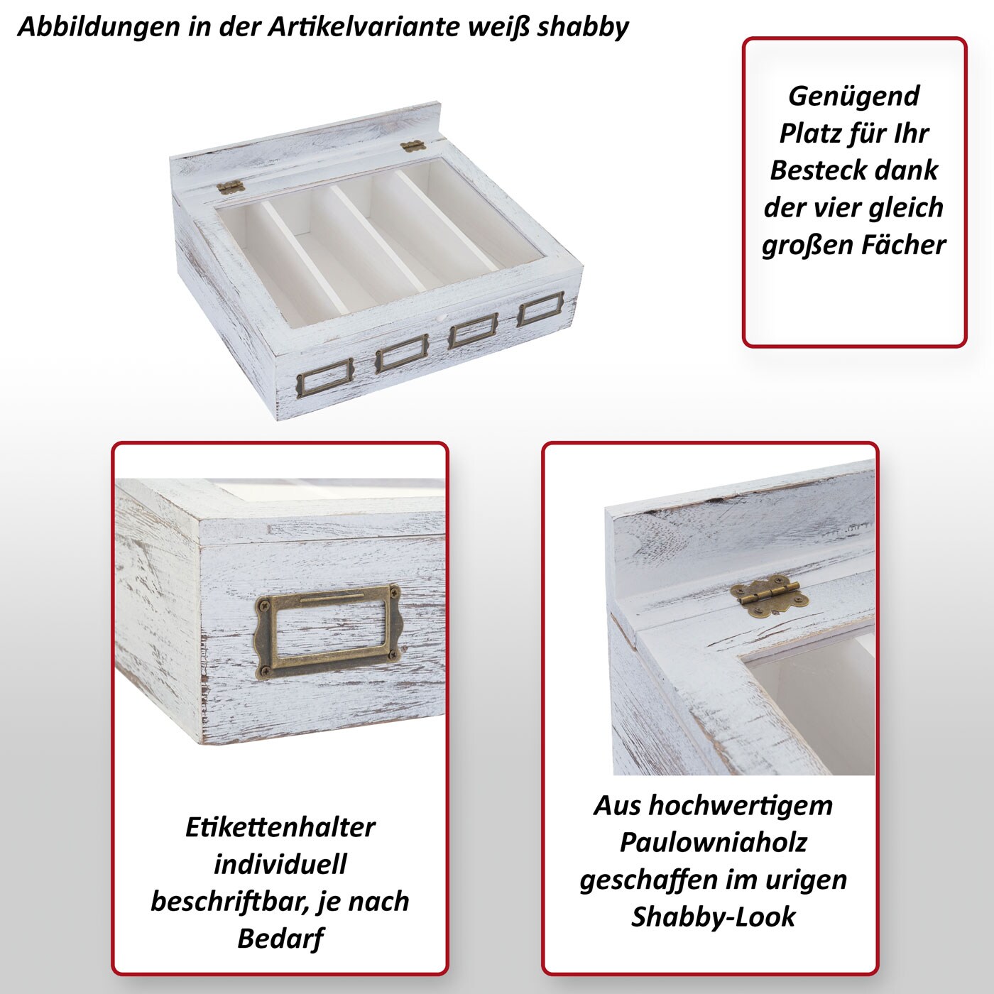 Besteckkiste MCW-C25, Holzbox mit Deckel Besteckkasten, Paulownia 17x37x33cm ~ weiß, shabby