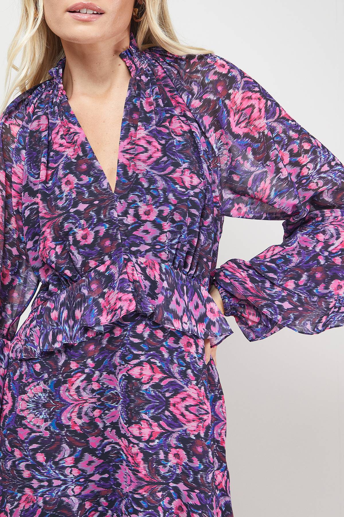 Oasis Robe Mini à Imprimé avec Manches Évasées et Détails Volantés