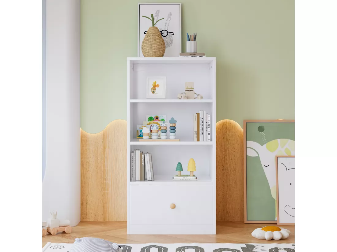 Buffet haut, Bibliothèque, étagère avec trois étagères et un tiroir, coulisses silencieuses, pour chambre à coucher, salon, MDF, blanc