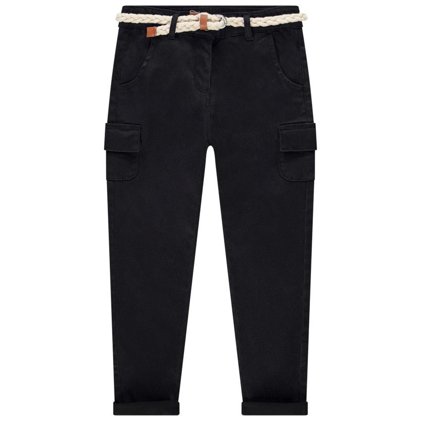 Pantalon twill cargo uni + ceinture tressée pour fille - Noir