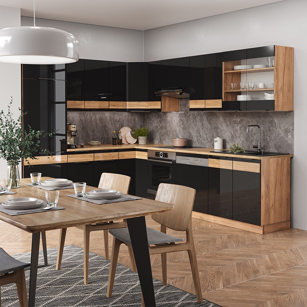 Vicco Eckküche Küchenblock Einbauküche Fame-Line Eiche Schwarz 287x227 cm modern Hochglanz Küchenschränke Küchenmöbel
