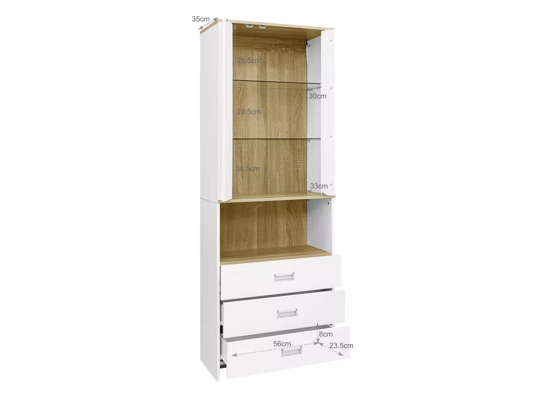 Vitrine H 180cm avec LED - 2 portes et 3 tiroirs - Blanc