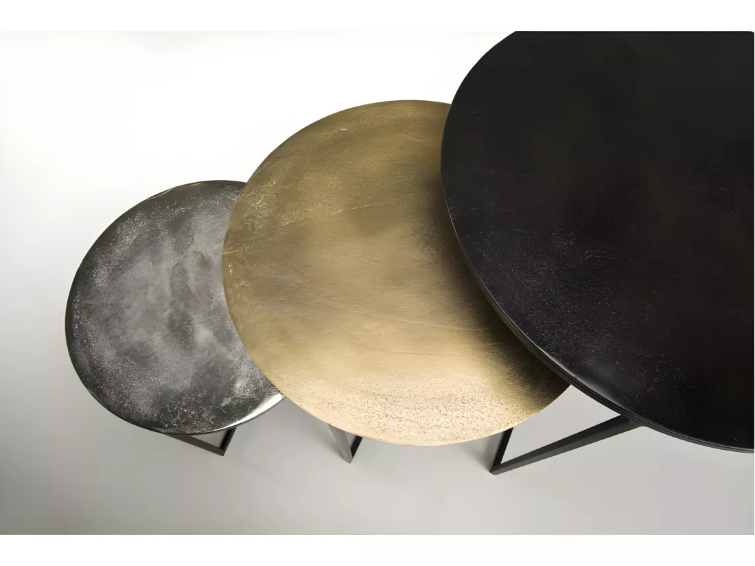 JONAS - Set de 3 tables gigognes rondes aluminium noir doré argenté - pieds métal noir