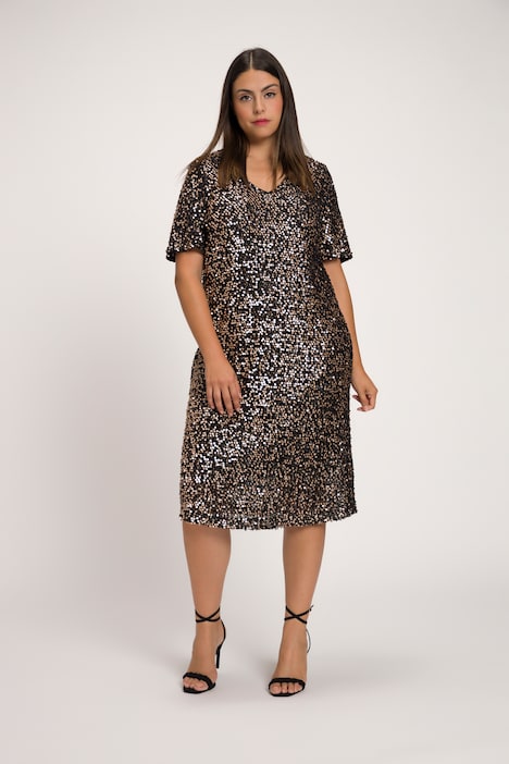 Midikleid, doppellagig, Pailletten, V-Ausschnitt, Halbarm