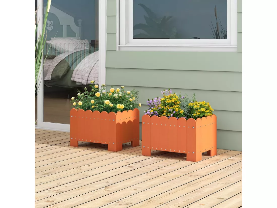 Lot de 2 Jardinière Rectangulaires en HDPE Résistant aux Intempéries, Lit de Jardin Surélevé avec Trous de Drainage pour Culture Fruits Légumes, pour Patio Balcon, 45x32x30cm (Orange)