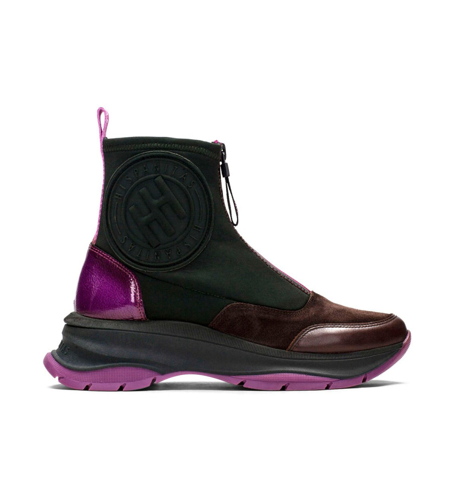 Tênis Hispanitas Alaska Forest Sport em couro, preto e lilás - Salto plataforma de 4,5 cm -
