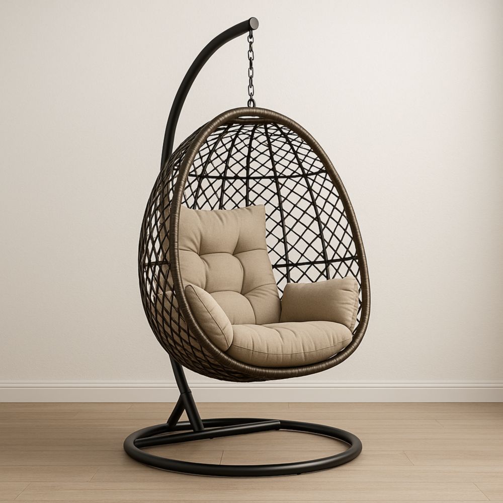 Hängesessel Ei Form Braun Metall Rahmen Rattan Höhe 190cm Breite 95cm