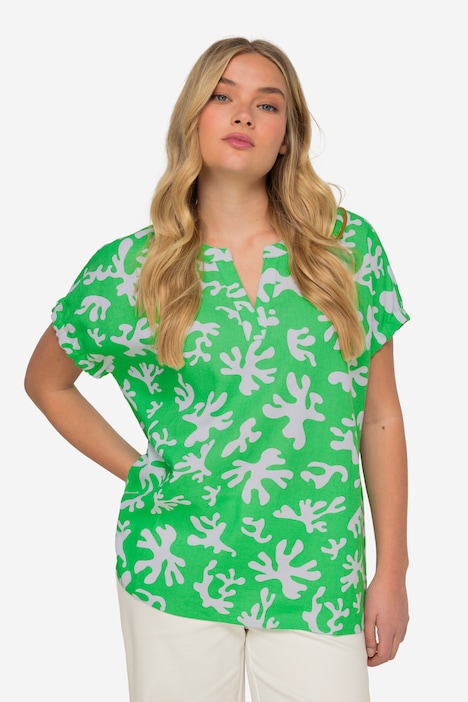 Leinenmix-Bluse, Korallen-Print, Tunika-Ausschnitt, Halbarm