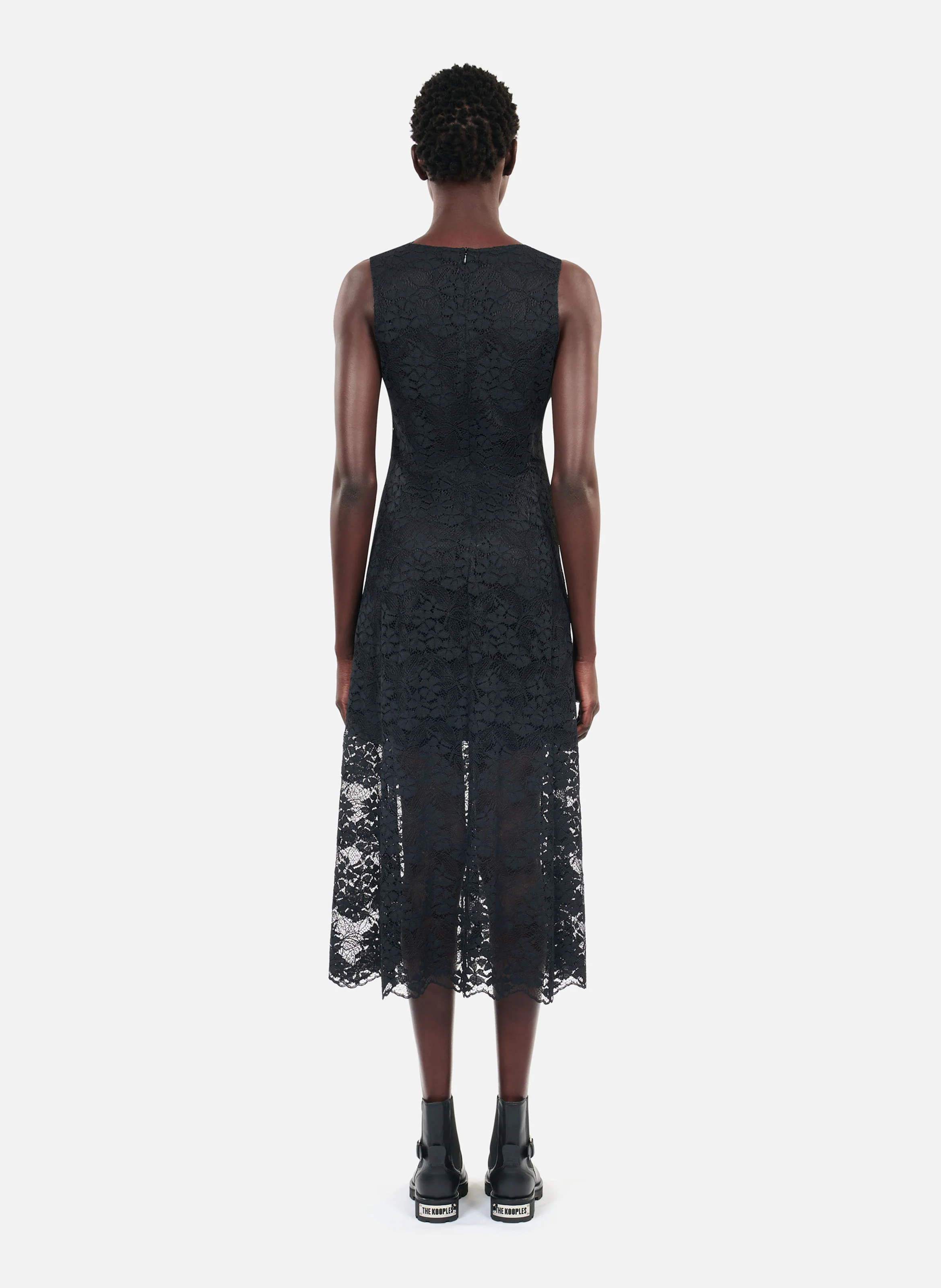 Robe midi col rond en dentelle | Noir