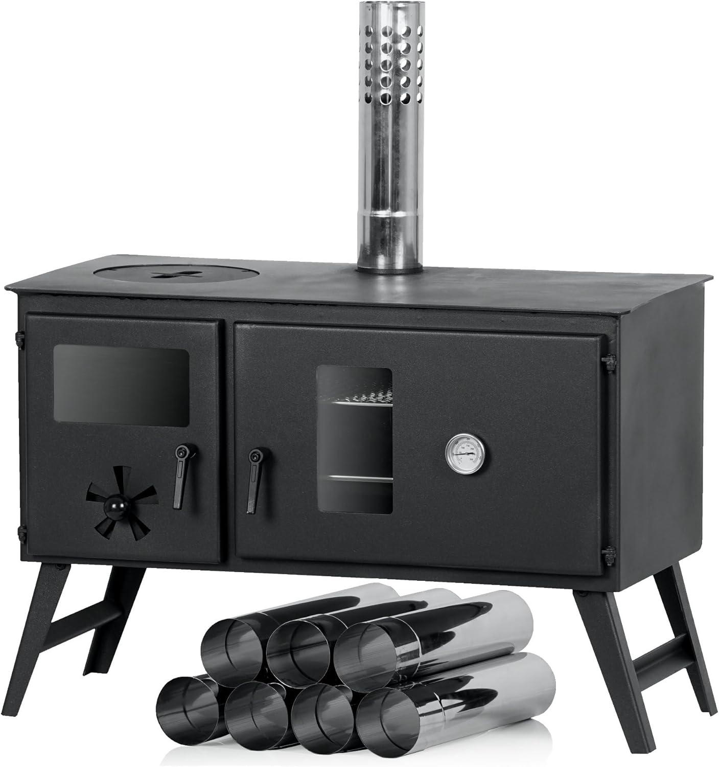 CampFeuer Zeltofen 28,5 x 58,5 x 260 cm | schwarz | mit 2 Kammern, Feuerstelle | Holzbackofen, Brotbackofen, Holzofen für Camping, Outdoor, Zelt | Zeltheizung, Tent Stove, Zelt Ofen Outdoor