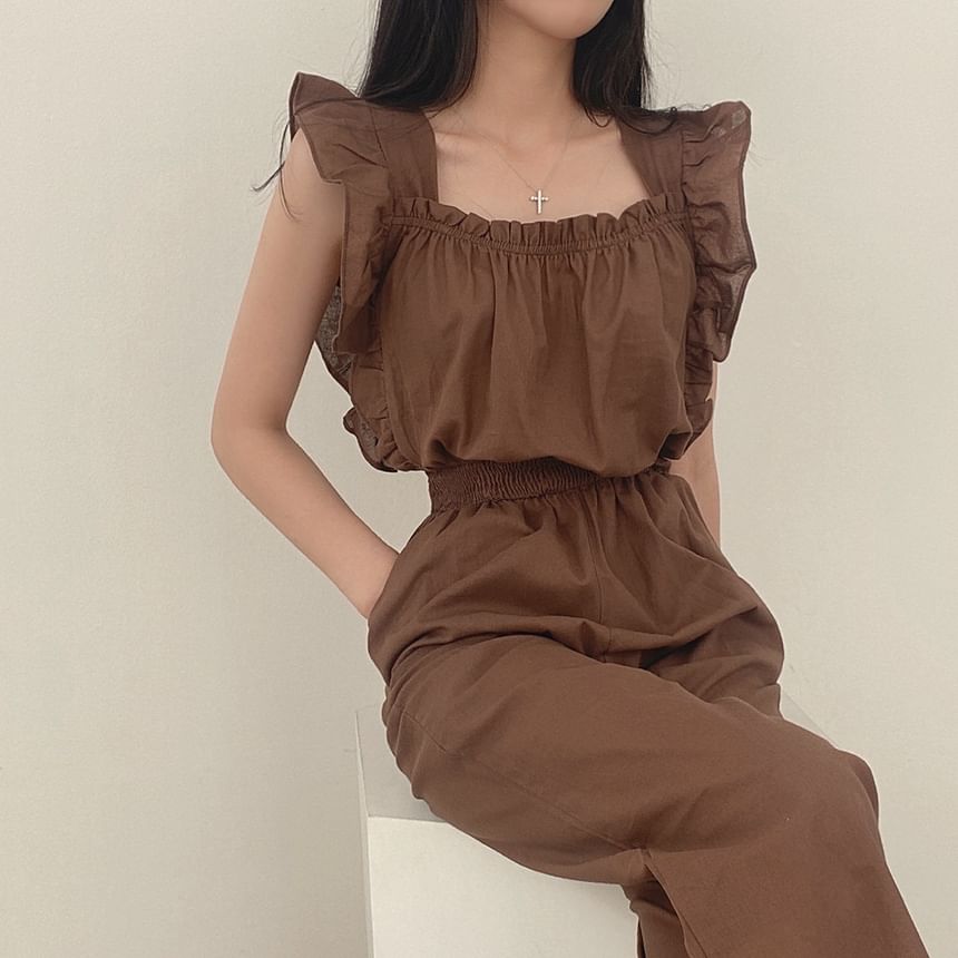 palajana - Mouwloze jumpsuit met ruches en effen motief