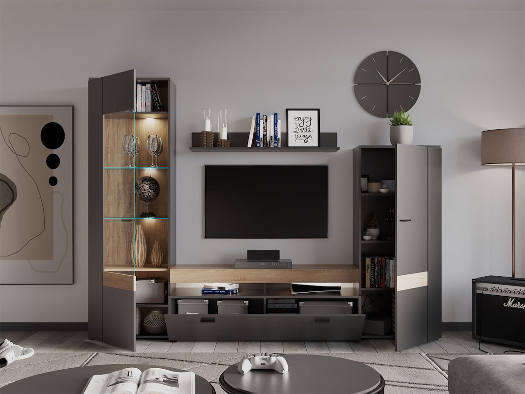 Wohnwand Ego Anthrazit/Braun 260x195x43 cm