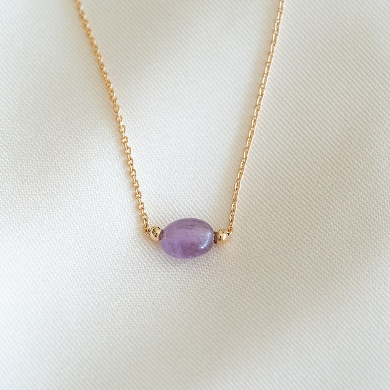 Collier Fin Plaqué Or Amethyste Pierre Precieuse Tendance