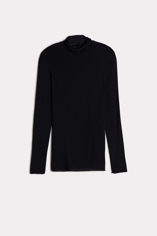 Camiseta de manga comprida com gola alta em cashmere modal ultraleve