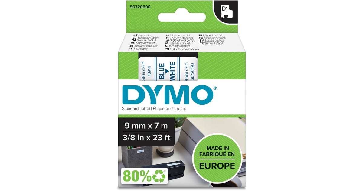 DymoD1 standaardlabels blauw op wit, 9 mm x 7 m printlint