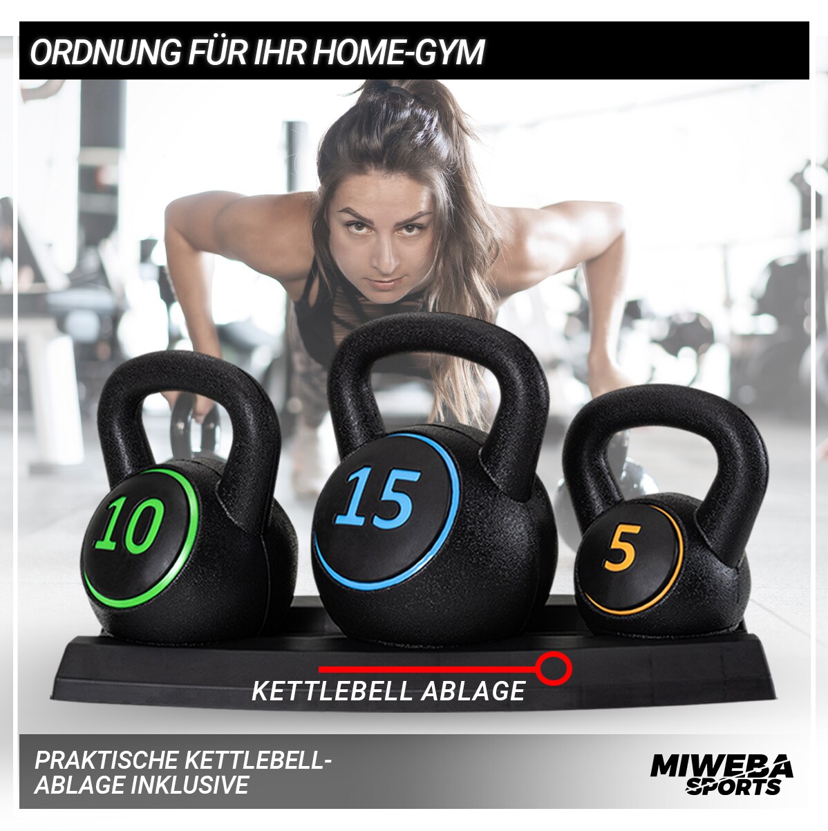 Miweba Sports Kettlebell-Set, 2-7 kg, Kettlebell-Ablage, Kugelhantel Indoor und Outdoor, Betonfüllung (2 - 7 kg)