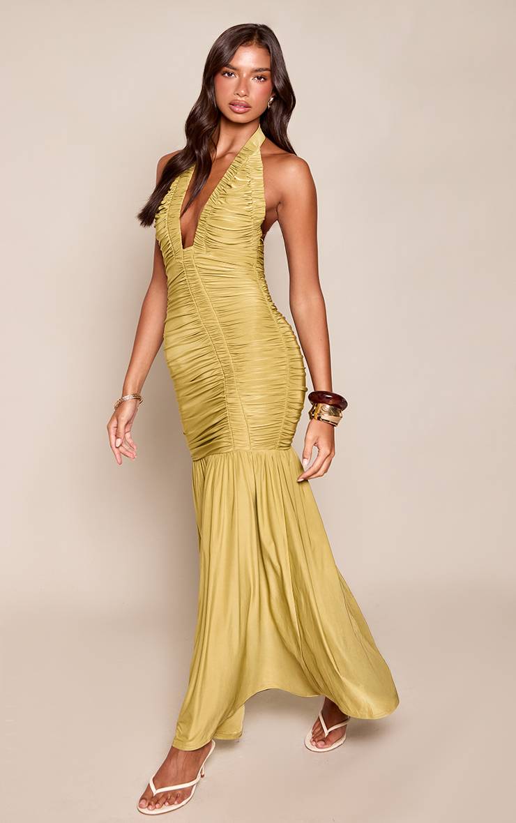 Vert Olive Robe Longue Dos Nu Froncée Col Licou En Jersey Fluide