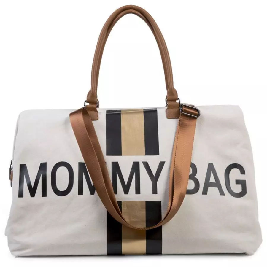 CHILDHOME Mommy Bag Groß Canvas Beige Stripes Black  Gold