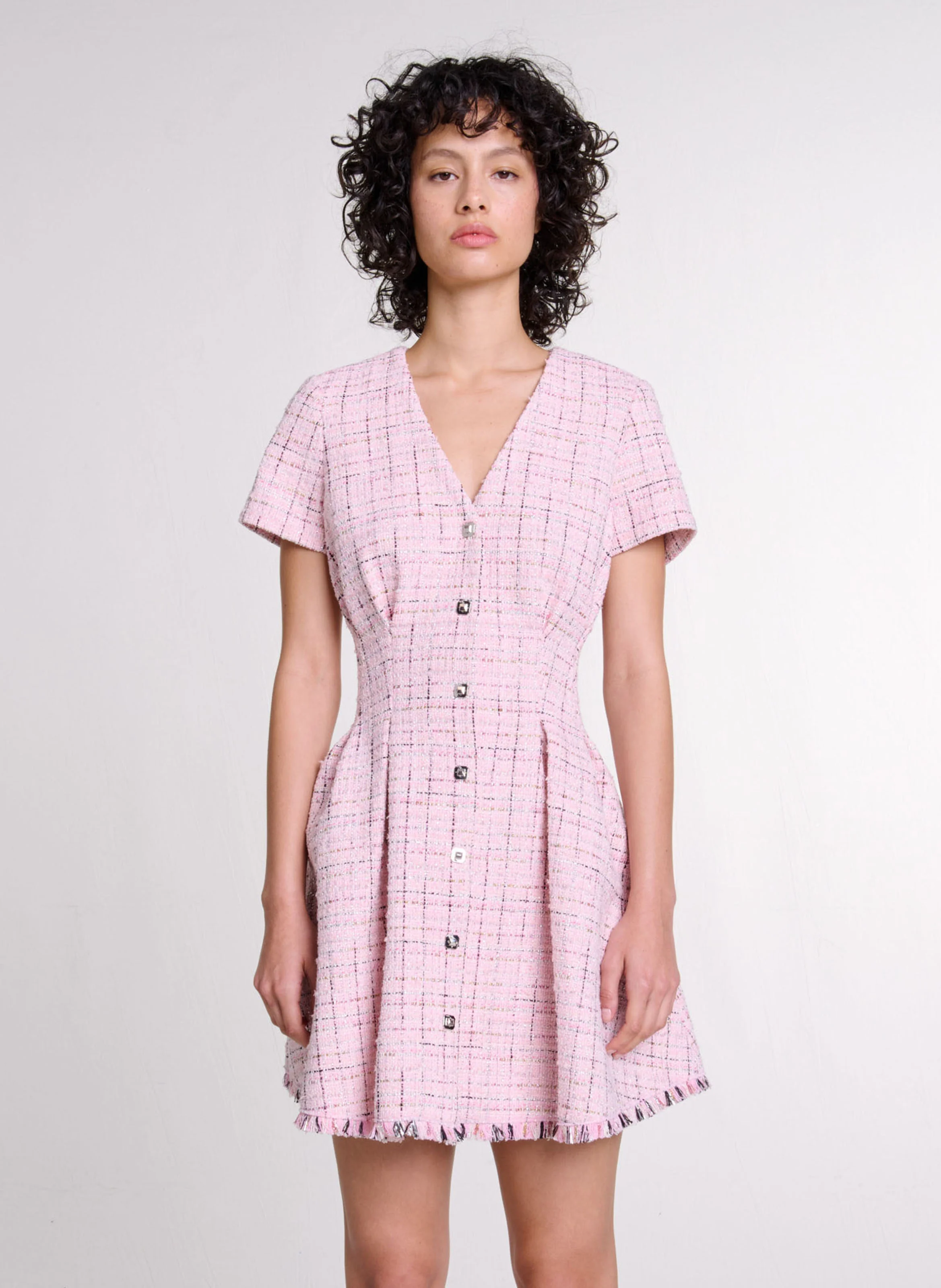 Robe courte col V en tweed | Rose