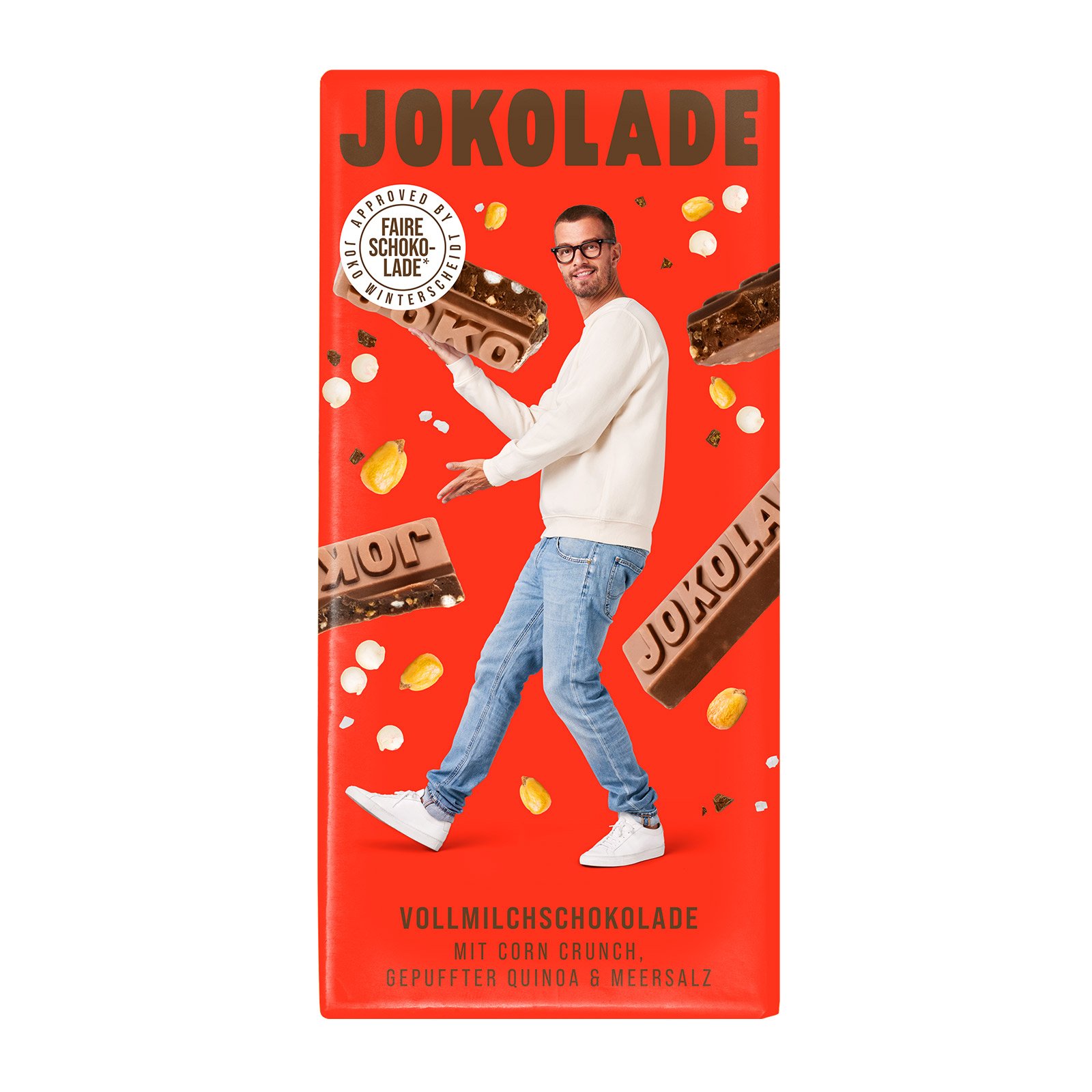 Jokolade Vollmilchschokolade mit Corn Crunch, gepuffter Quinoa & Meersalz