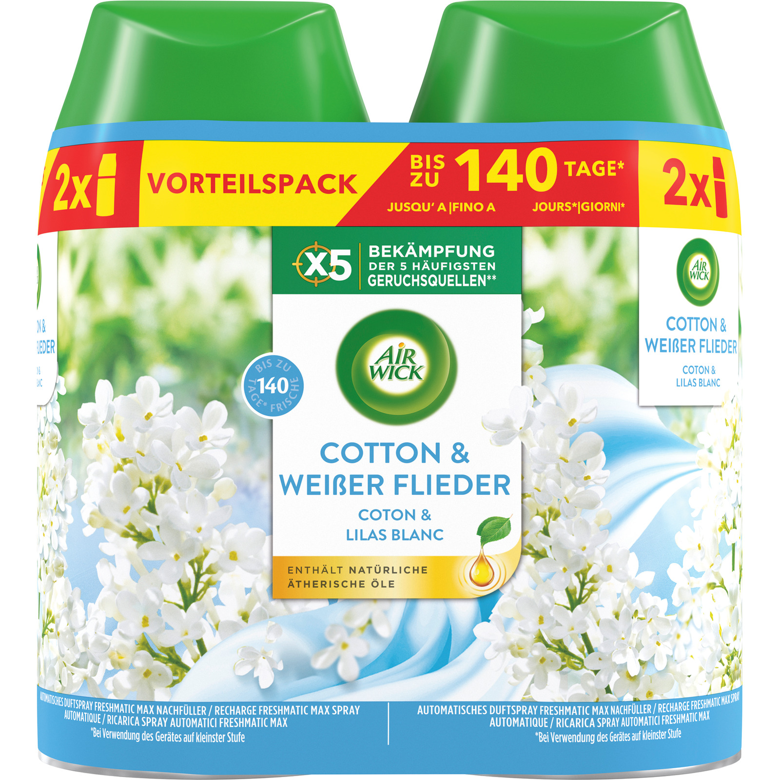 Air Wick Pure Automatisches Duftspray Freshmatic Max Nachfüller Cotton & Weisser Flieder 2 x 250 ml
