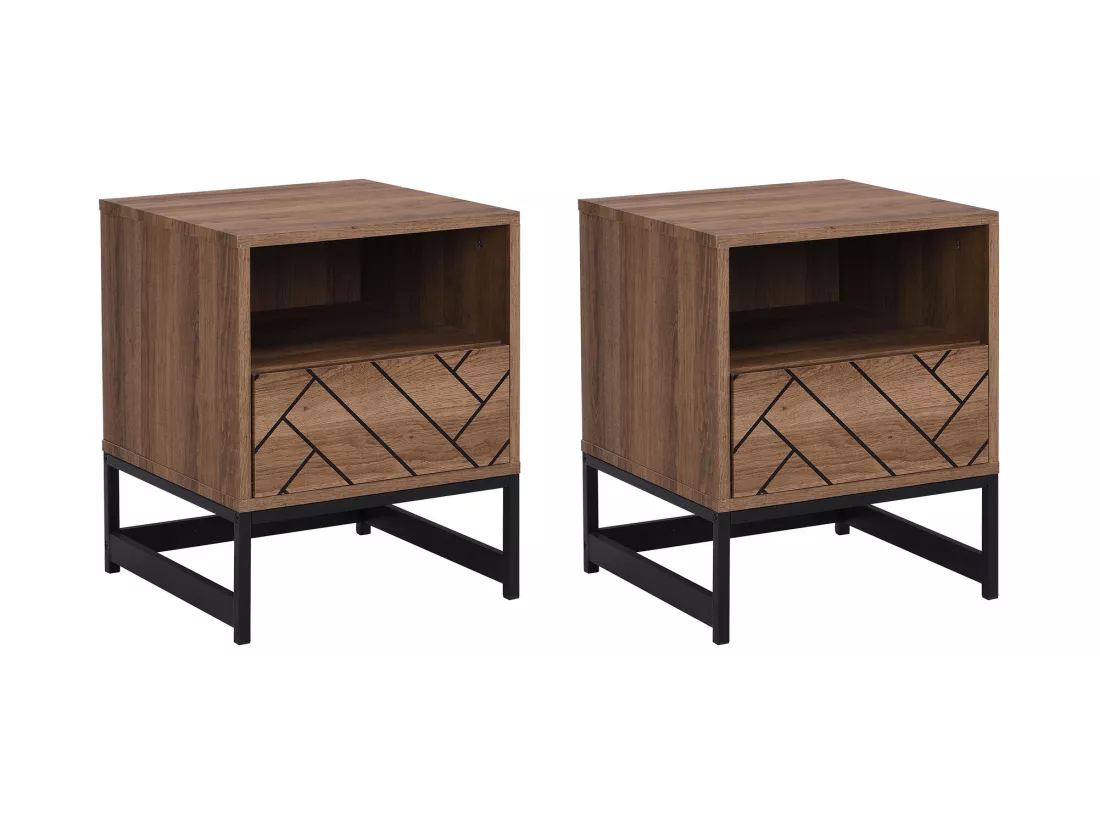 Lot de 2 tables de chevet 1 tiroir et 1 niche - MDF et Acier - Coloris : Naturel et noir - CARATANA