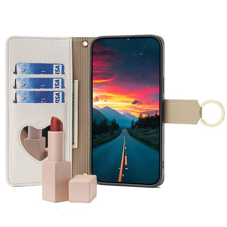 Samsung Galaxy Xcover 7 Necklace Leder Tasche Flip Cover mit Reissverschluss   Spiegel - Beige / Weiss