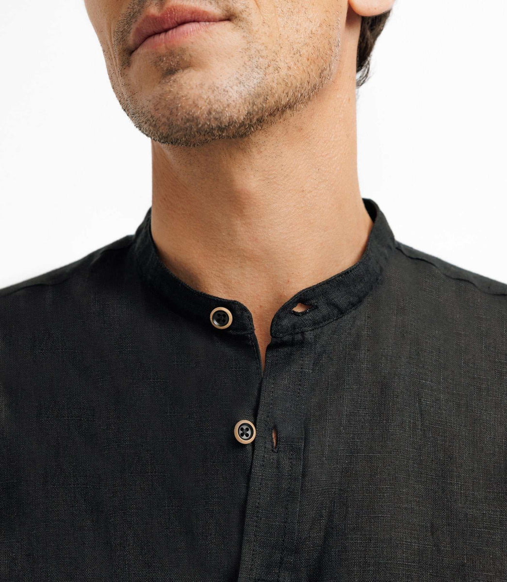 Chemise en lin col mao noir