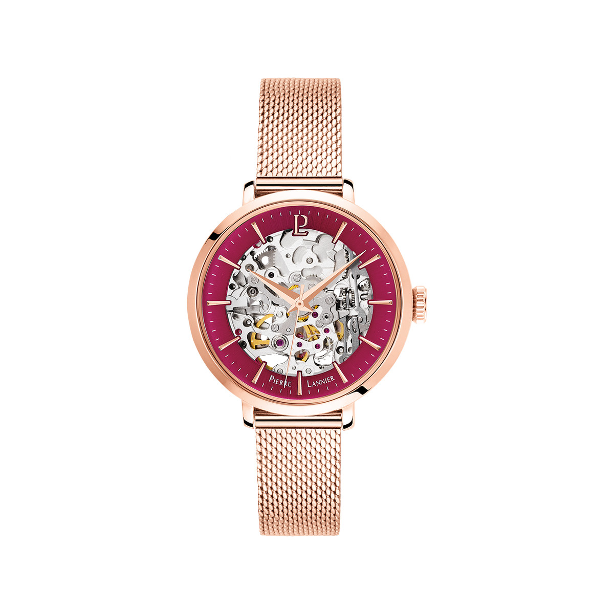 Montre Pierre Lannier femme automatique acier doré rose maille milanaise