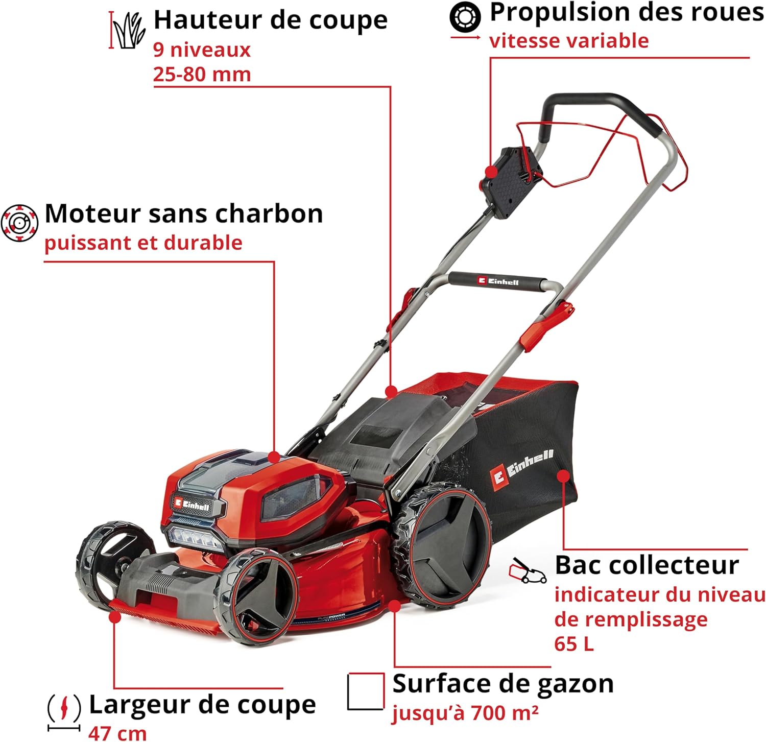 Einhell Professional Tondeuse à gazon sans fil GP-CM 36/47 S HW Li Power X-Change (36V, 47 cm largeur de coupe, autotractée, moteur sans charbon) Livré avec 4 Batteries 4,0Ah et 2 Chargeurs Doubles