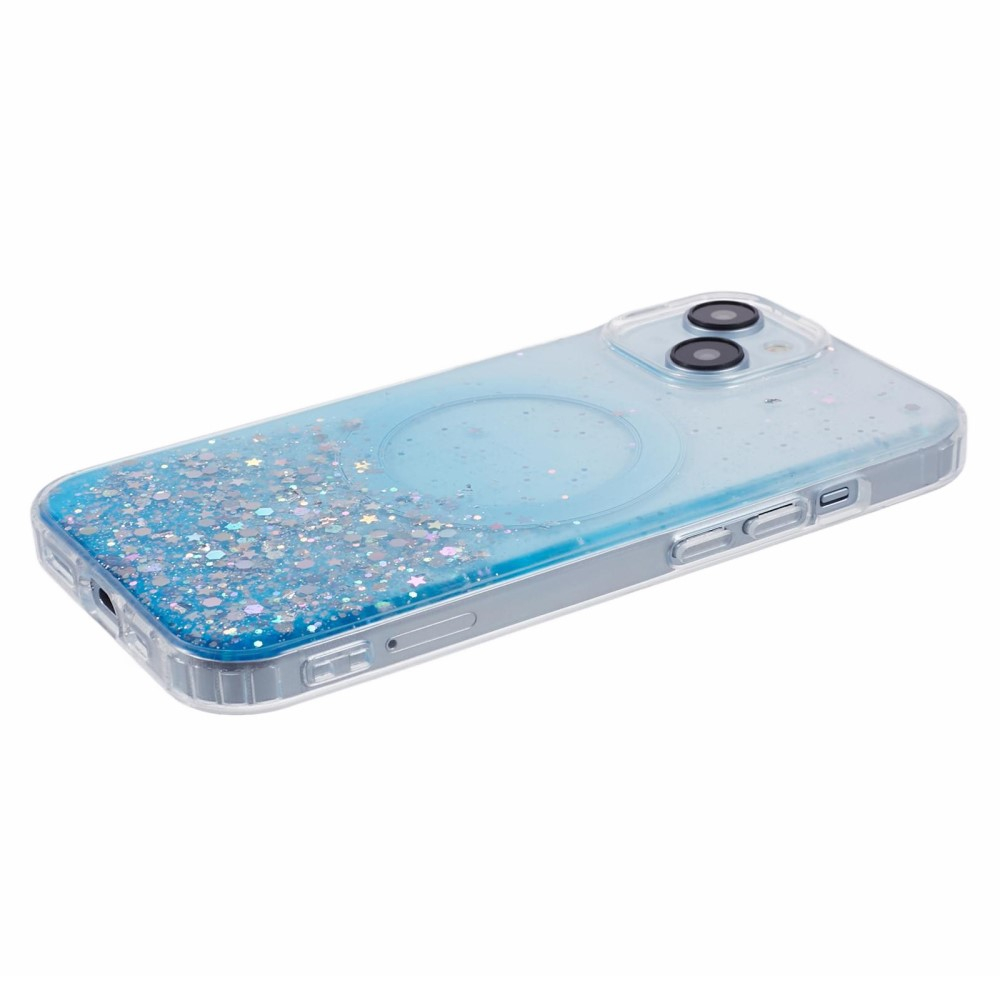 iPhone 14 MagSafe Hülle mit Acryl Rückseite und Farbverlauf im Glitzer Design - Blau