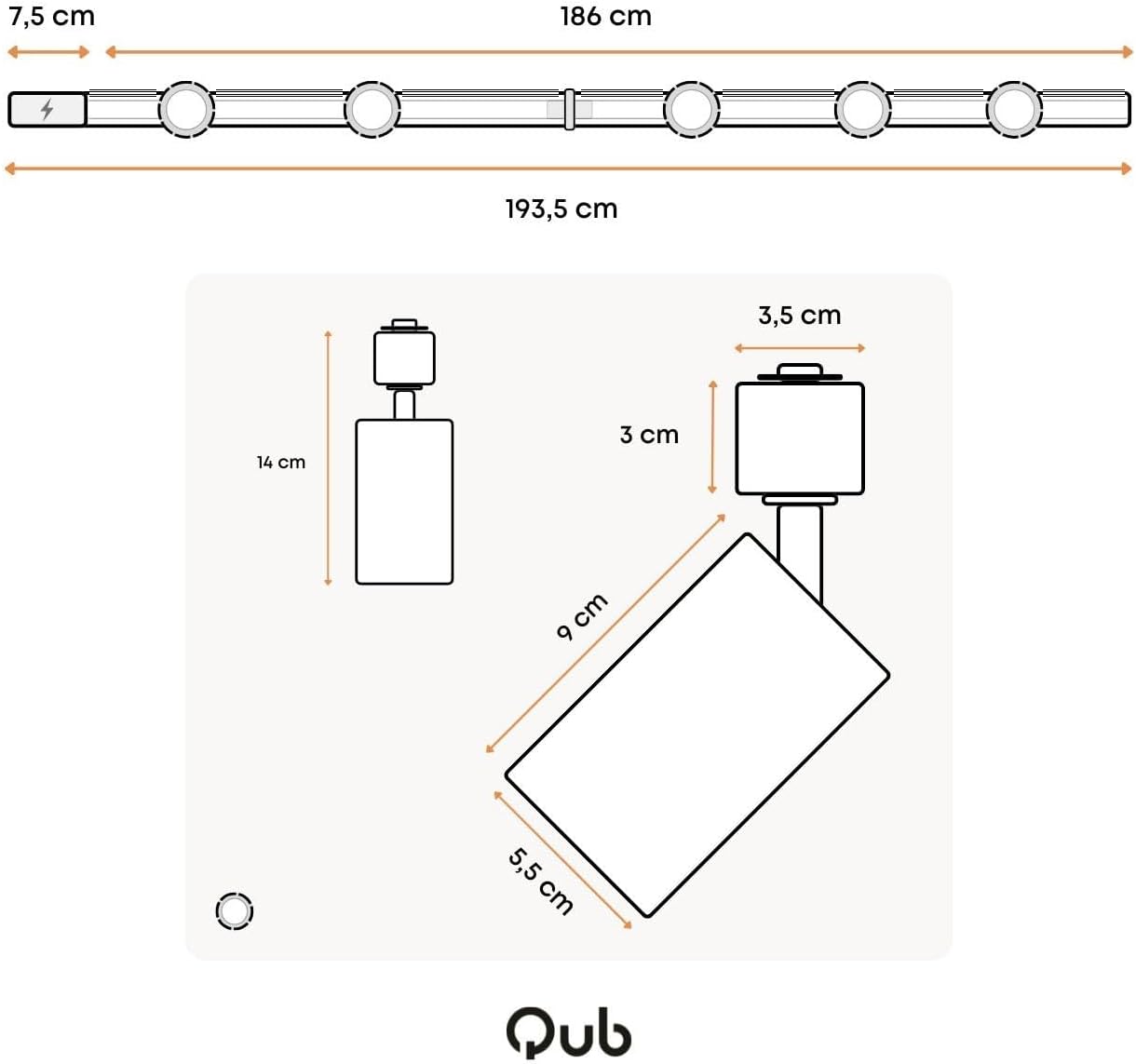 Qub FOCUS III – Spotbalken, 5-flammig – Schienensystem für Innenbeleuchtung, Komplett-Set mit 5 Spots für GU10 Leuchtmittel und 2 Schienen à 1 m = 2 m – Weiß