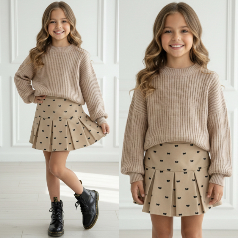 Beige Bow Print Skirt