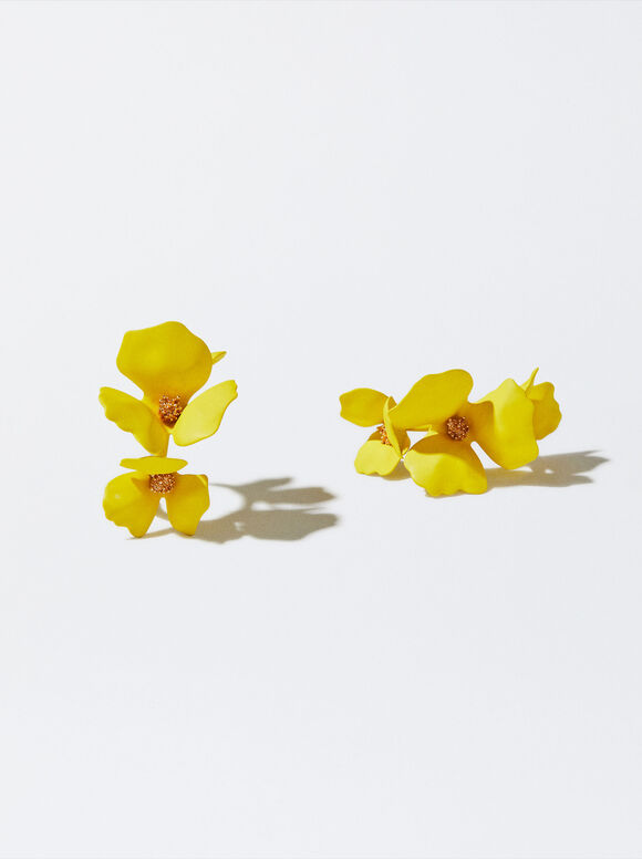Pendientes De Aro Con Flores - Amarillo