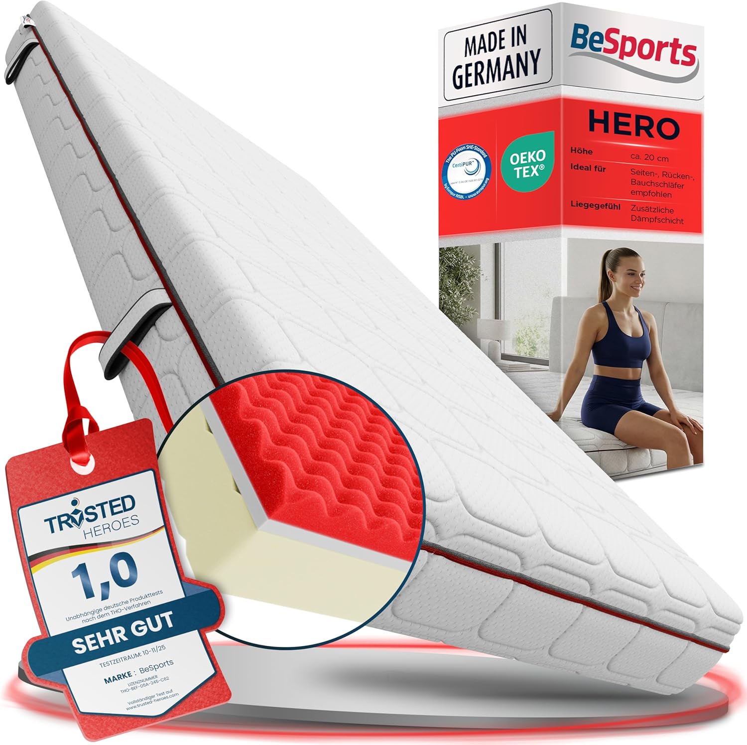 HERO Matratze 7 Zonen 90x200 - ergonomische Kaltschaummatratze mit zwei Liegehärten H2/H3 - hohe Punktelastizität, atmungsaktiv - Bezug abnehmbar & waschbar - optimal gegen Rücken- & Nackenschmerzen