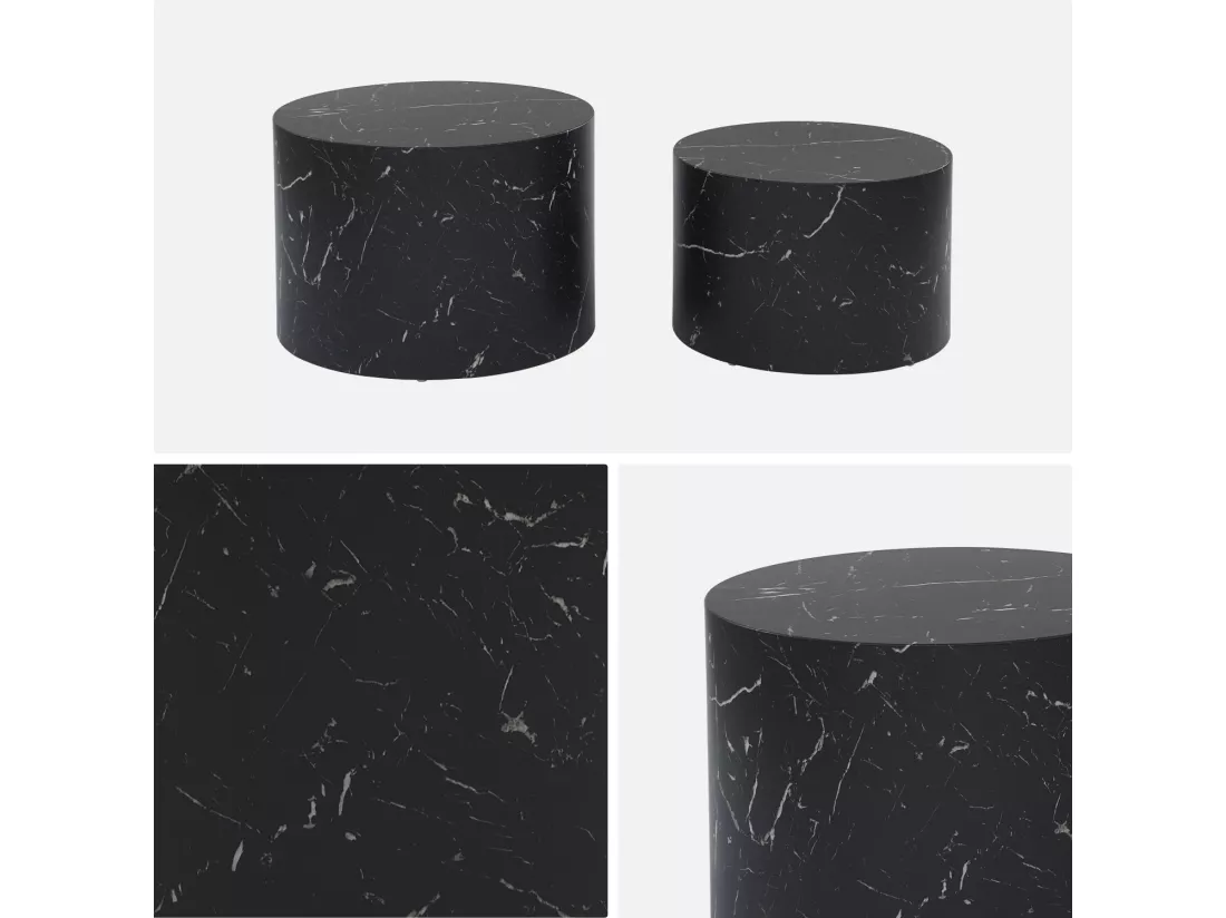 Lot de 2 tables basses PAROS rondes effet marbre noir. tables gigognes Ø58 x H 40cm / Ø50 x H 33cm