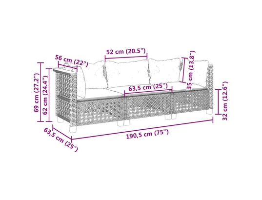VIDAXL - Canapé de jardin avec coussins 3 places noir résine tressée